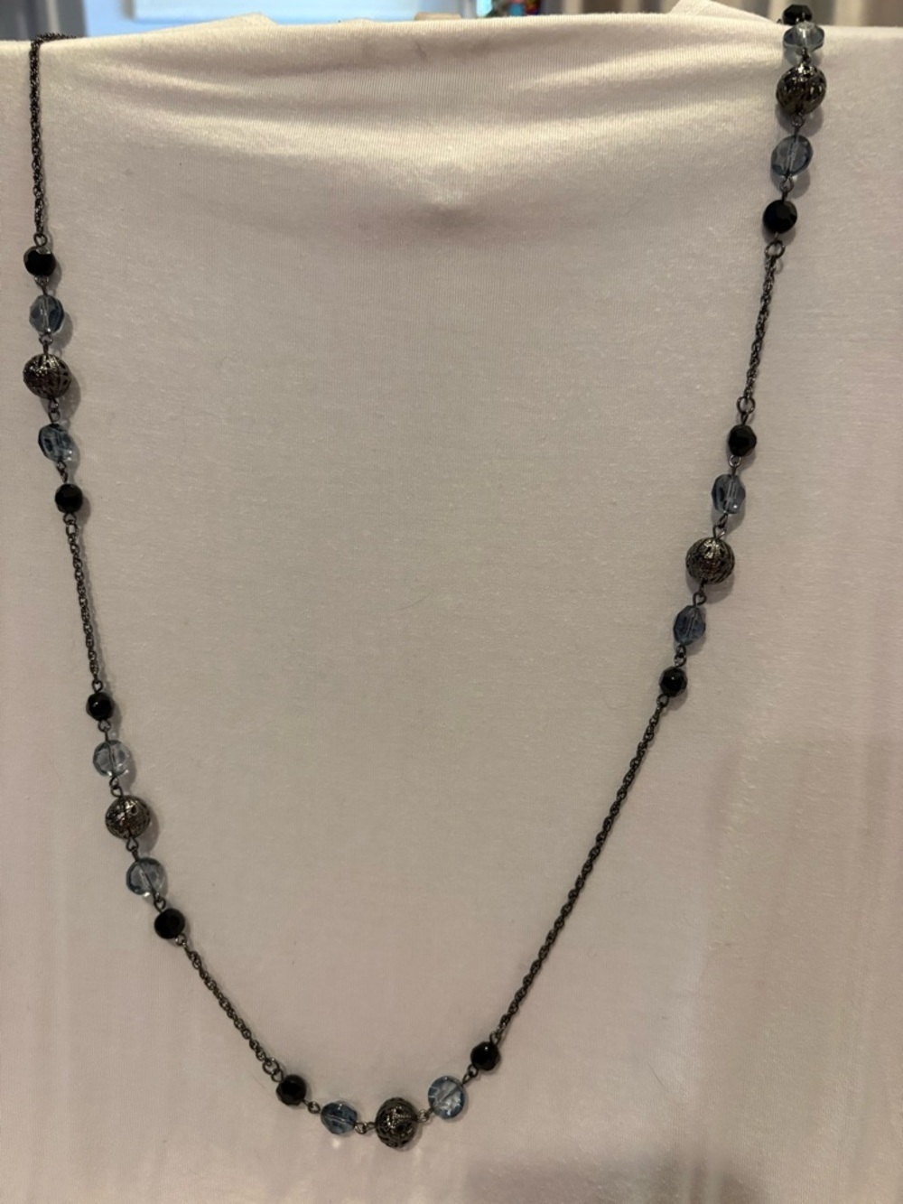 Delicate Blue & Black Beaded Long Necklace - Women's Jewelry